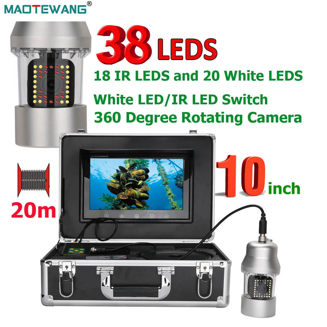 Fish Finder Cable - Maotewang กล้องวีดีโอตกปลาใต้น้ำ10นิ้ว50เมตร100เมตรเหยื่อล่อปลา IP68กันน้ำ38 LEDs หมุนได้360องศา