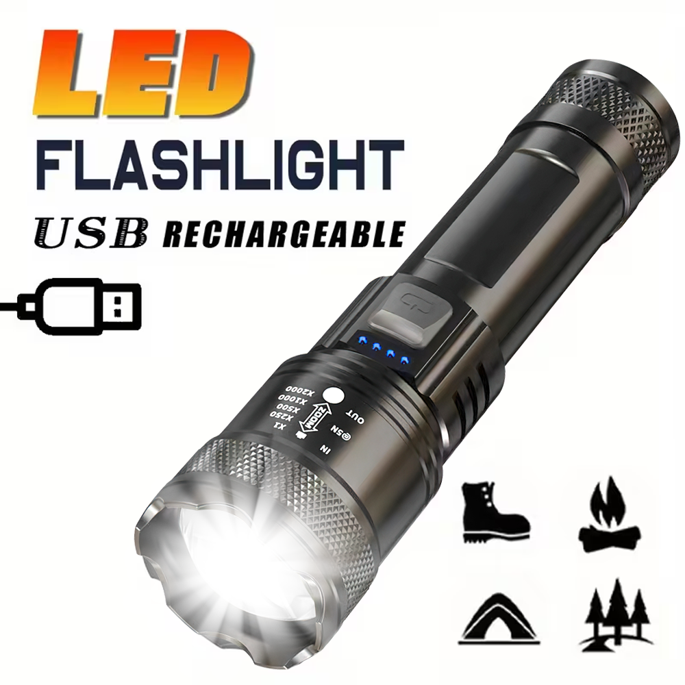 Fishing Light - ไฟฉาย LED สว่างเป็นพิเศษ USB ชาร์จไฟฉายซูมแบบยืดไสลด์ได้กลางแจ้งฉุกเฉินแคมป์ปิ้งตกปลากันน้ำโคมไฟ