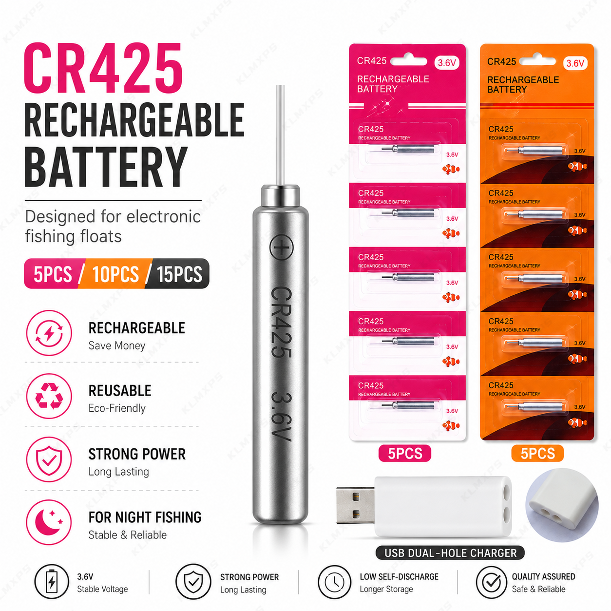 Fish Finder Charger - แบตเตอรี่แบบชาร์จไฟได้ CR425 สำหรับทุ่นตกปลาอิเล็กทรอนิกส์ ทุ่นตกปลากลางคืน แบตเตอรี่สำรองพร้อมที่ชาร์จ USB