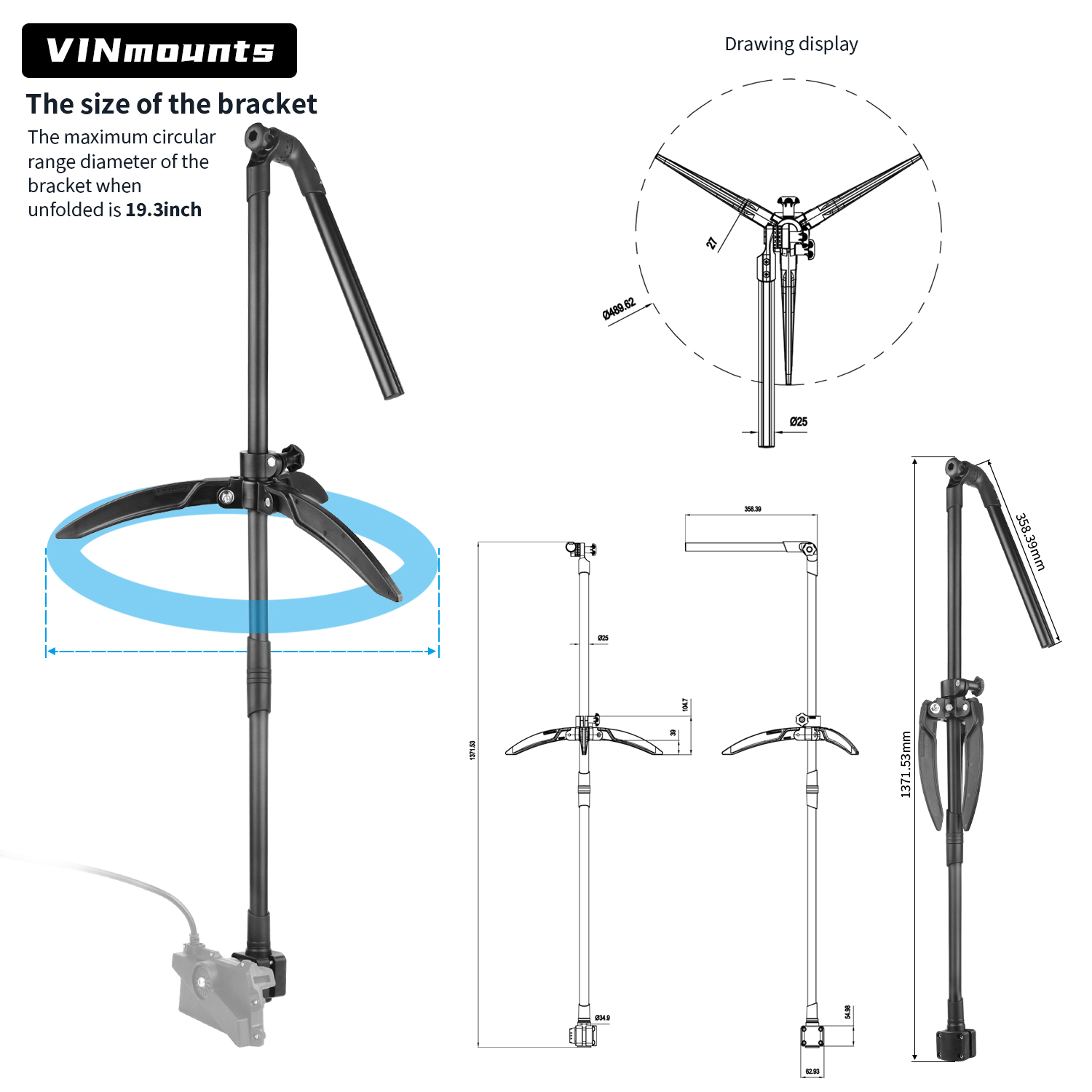Fish Finder Mount - ขายึดเสาสำหรับเครื่องหาปลาใต้น้ำแบบติดตั้งบนเสา, ขายึดอะลูมิเนียมแบบปรับได้สำหรับงานหนักสำหรับ LiveScope LVS34, ที่ยึดเครื่องหาปลาที่มั่นคง