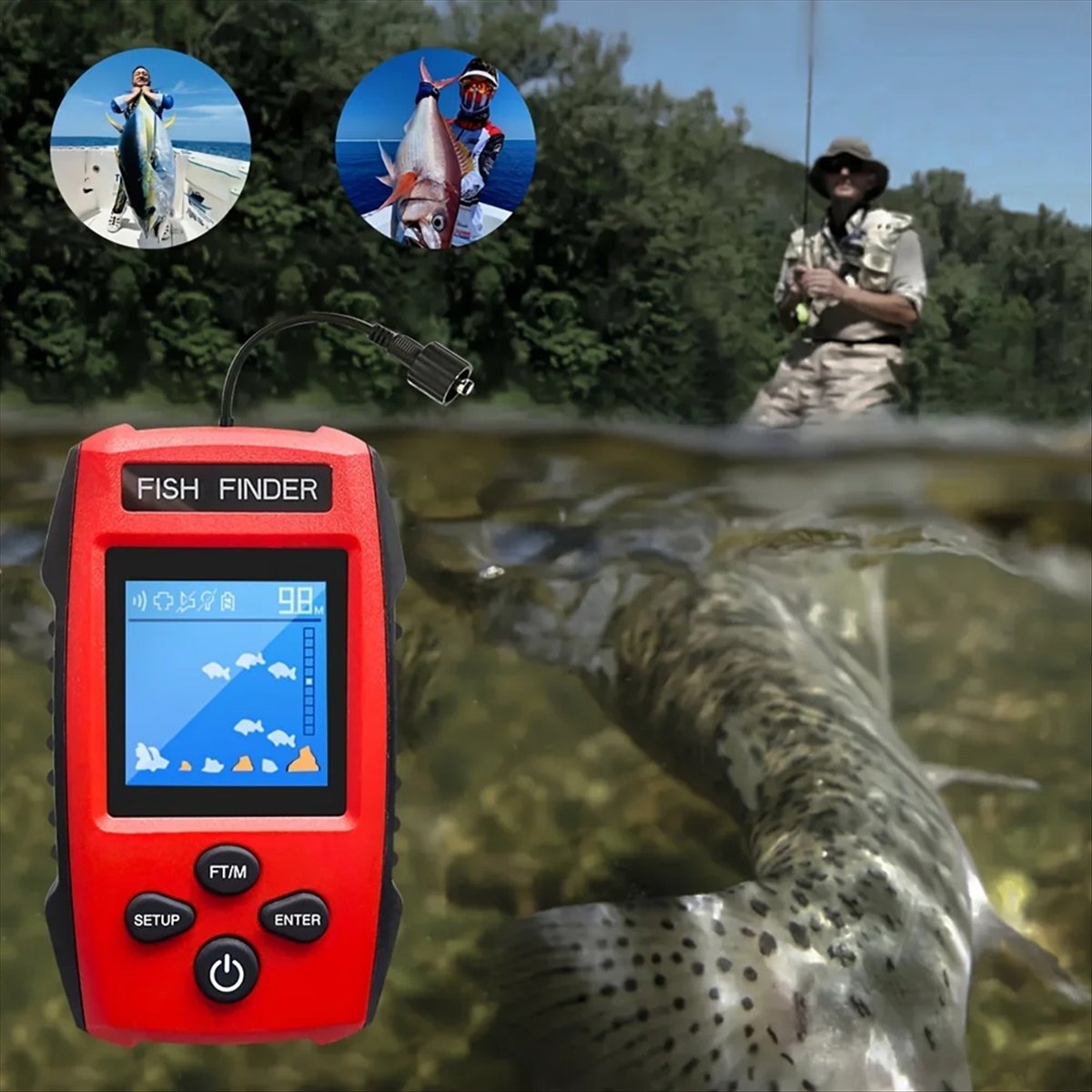 เครื่องหาปลาแบบมีจอ LCD สี พร้ - Fish Finder Transducer บทวิจารณ์และราคา